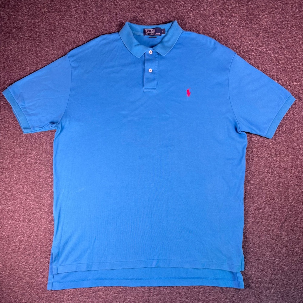 Polo Ralph Lauren Blue Polo Shirt Mens Large Pink Pony Short Sleeve Casual‎ Prep